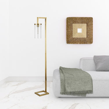 Brass Reading Floor Lamp With Clear Seeded Glass Drum Shade